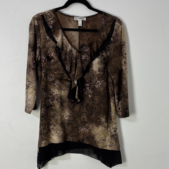 Y2K Brown Floral Ruffle Blouse Whimsigoth Dark FairyCore Grunge 3/4 Sleeve Large - Picture 1 of 12